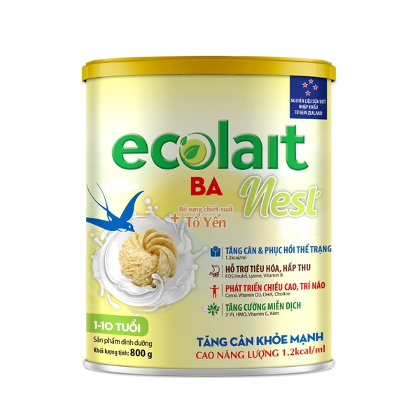 Sữa Viện Dinh Dưỡng Ecolait Nest BA Tổ Yến Tăng cân, Biếng Ăn, 800g - Từ 1 đến 10 tuổi