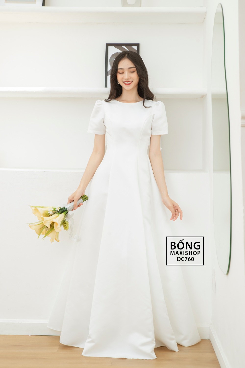 Váy cưới phi nhật trắng cổ tròn 6 mảnh kèm nơ DC760
