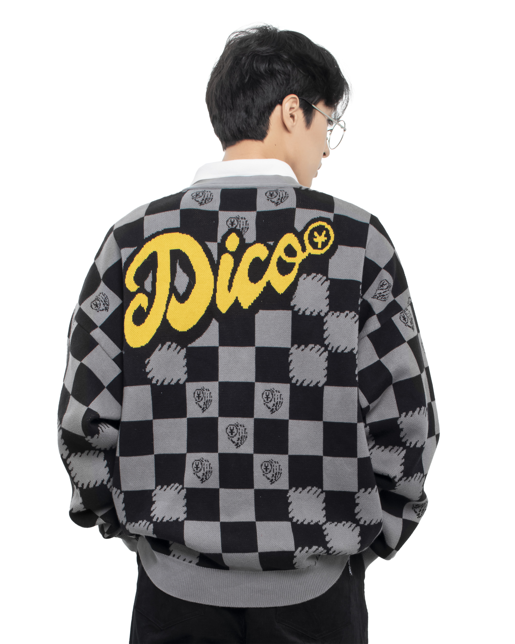 Dico Checkerboard Knit Cardigan - Grey