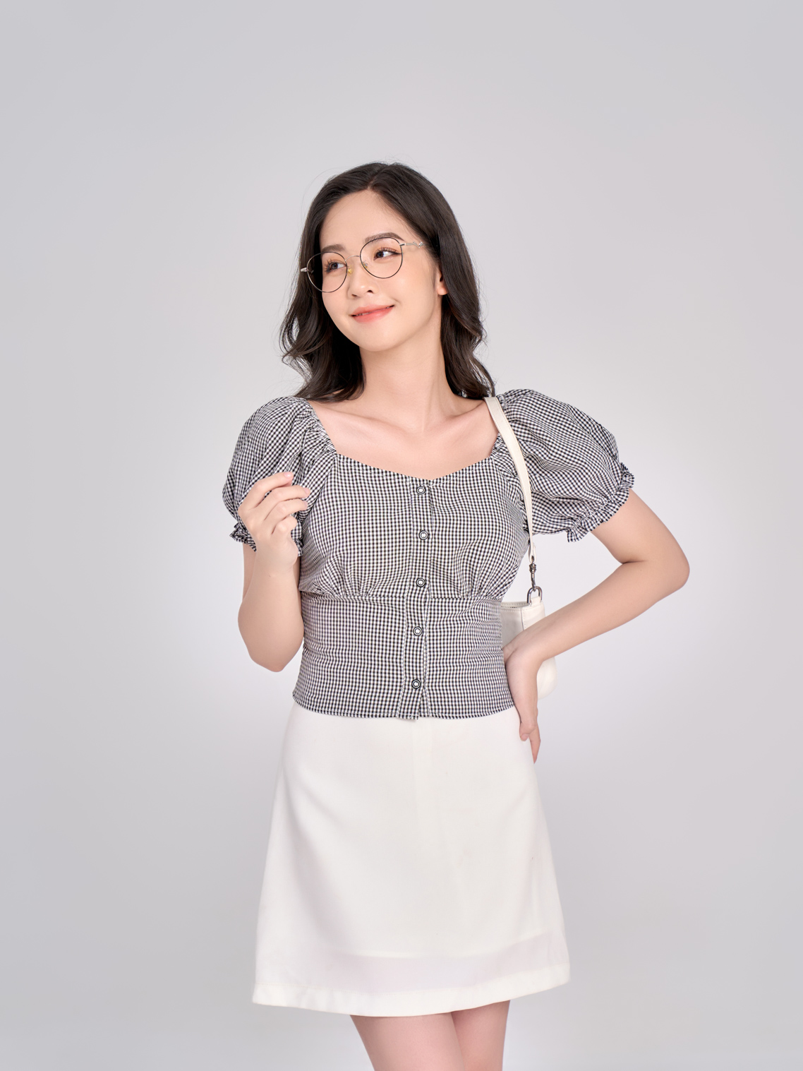 Áo Croptop Tay Ngắn Phồng Họa Tiết Gingham