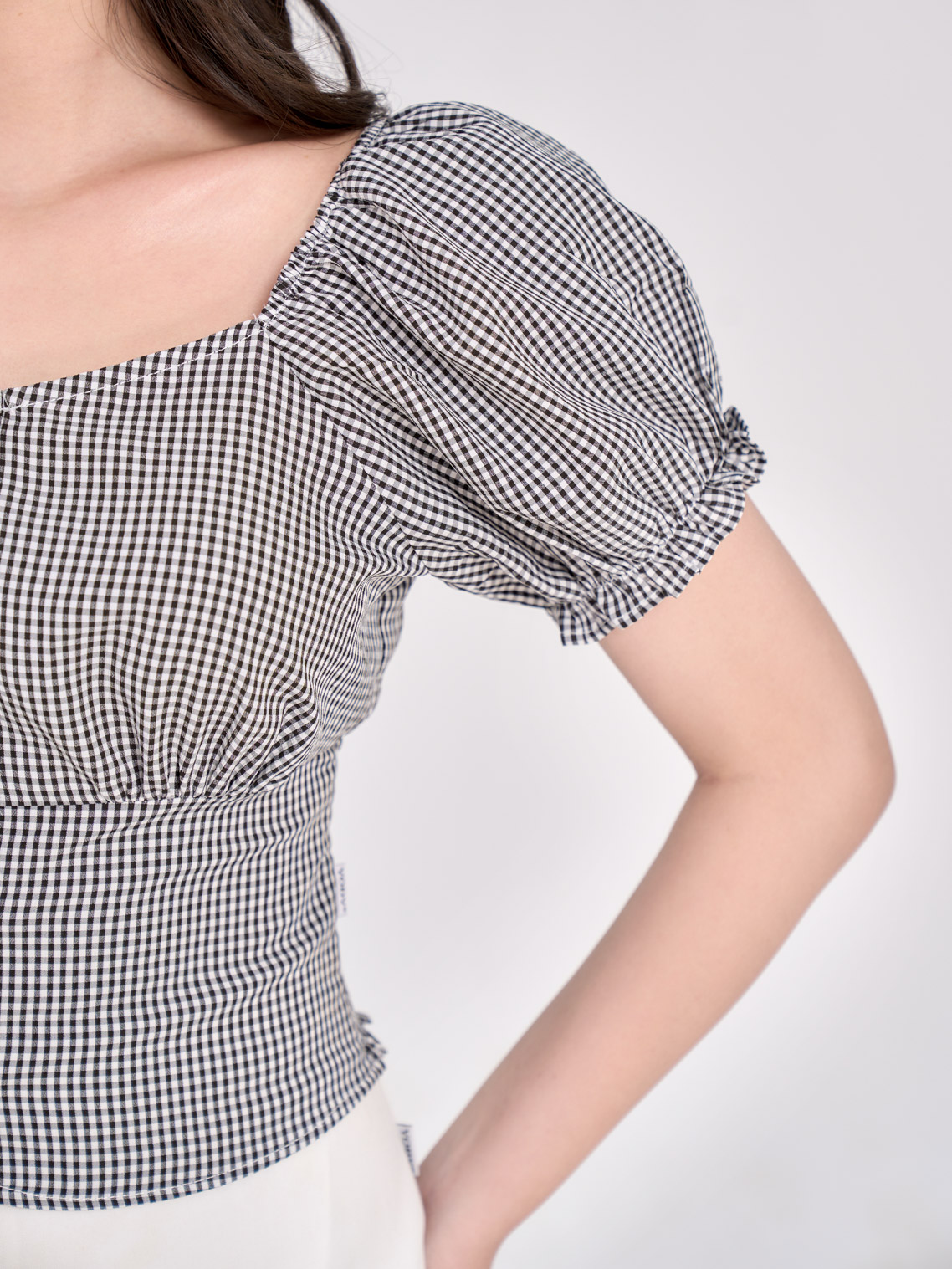 Áo Croptop Tay Ngắn Phồng Họa Tiết Gingham