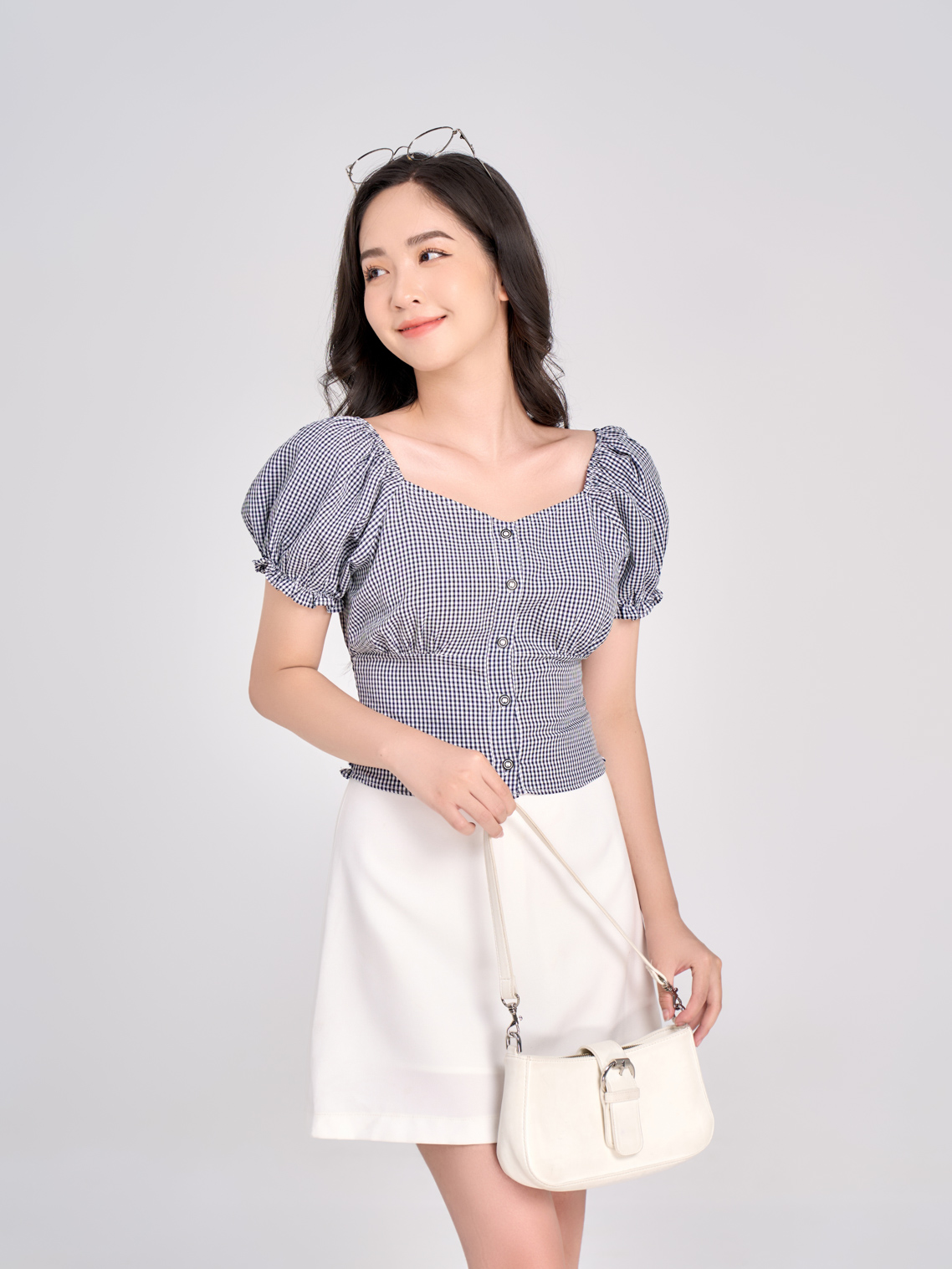 Áo Croptop Tay Ngắn Phồng Họa Tiết Gingham