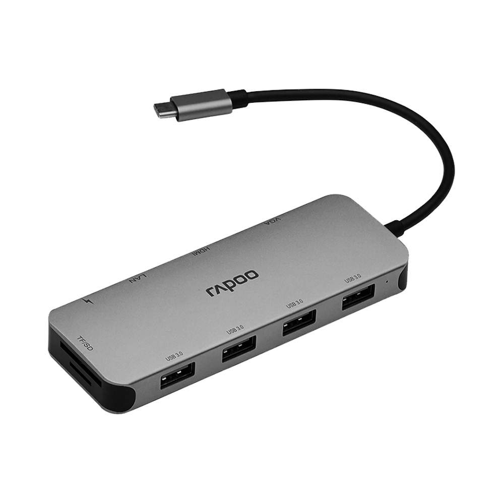 Bộ chia USB Type-C Rapoo 10-in-1 ra HDMI - Vga - USB 3.0 - USBTypeC - LAN - CardReader XD200