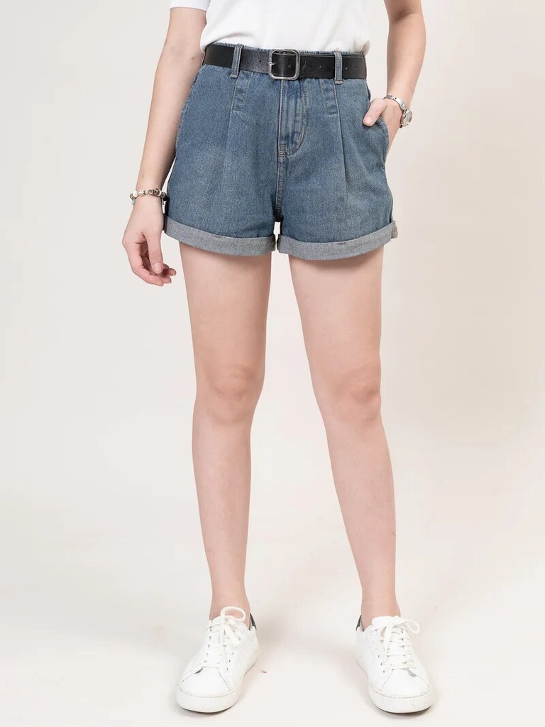 Quần short jean nữ ống rộng có tà