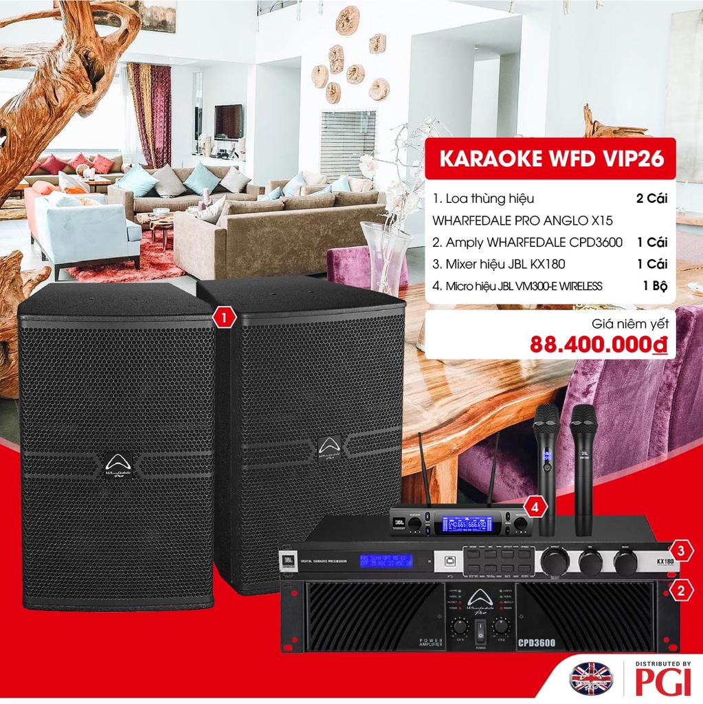 KARA WFD VIP26 - Combo Karaoke (Loa Wharfedale Pro Anglo X15 + WFD CPD3600 + JBL KX180 + JBL VM300) - Hàng Chính hãng PGI