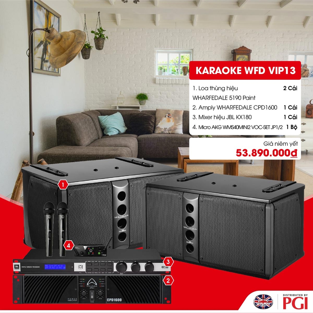 KARA WFD VIP13 - Combo Karaoke (Loa Wharfedale 5190 + WFD CPD1600 + JBL KX180 + Mic AKG MINI2VOC) - Hàng Chính hãng PGI