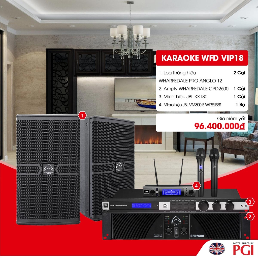 KARA WFD VIP18 - Combo Karaoke (Loa Wharfedale Pro Anglo 12 + WFD CPD2600 + JBL KX180 + JBL VM300) - Hàng Chính hãng PGI