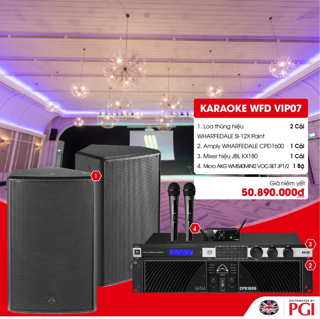 KARA WFD VIP07 - Combo Karaoke (Loa Wharfedale Pro SI-12X + WFD CPD1600 + JBL KX180 + Mic AKG MINI2VOC) - Hàng Chính hãng PGI