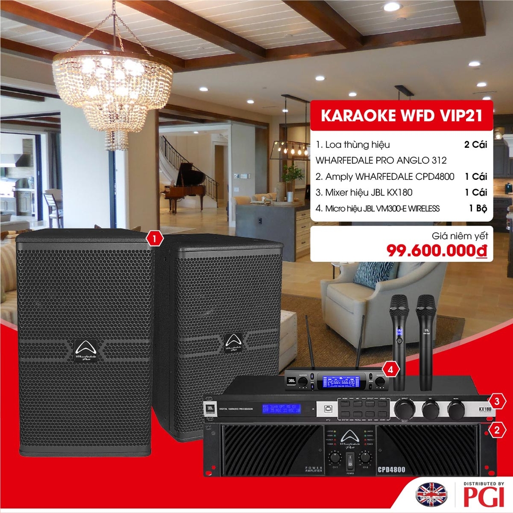 KARA WFD VIP21 - Combo Karaoke (Loa Wharfedale Pro Anglo 312 + WFD CPD4800 + JBL KX180 + JBL VM300) - Hàng Chính hãng PGI