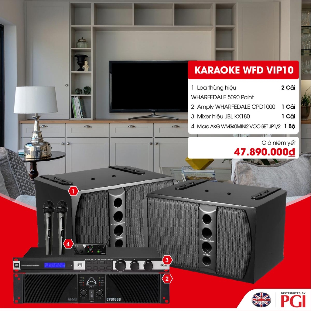 KARA WFD VIP10 - Combo Karaoke (Loa Wharfedale 5090 + WFD CPD1000 + JBL KX180 + Mic AKG MINI2VOC) - Hàng Chính hãng PGI