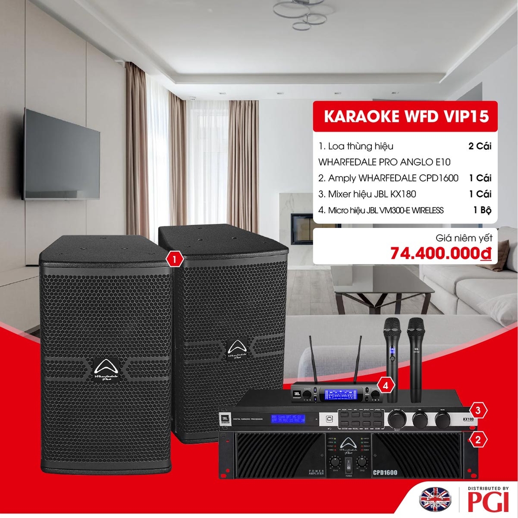 KARA WFD VIP15 - Combo Karaoke (Loa Wharfedale Pro Anglo E10 + WFD CPD1600 + JBL KX180 + JBL VM300) - Hàng Chính hãng PGI