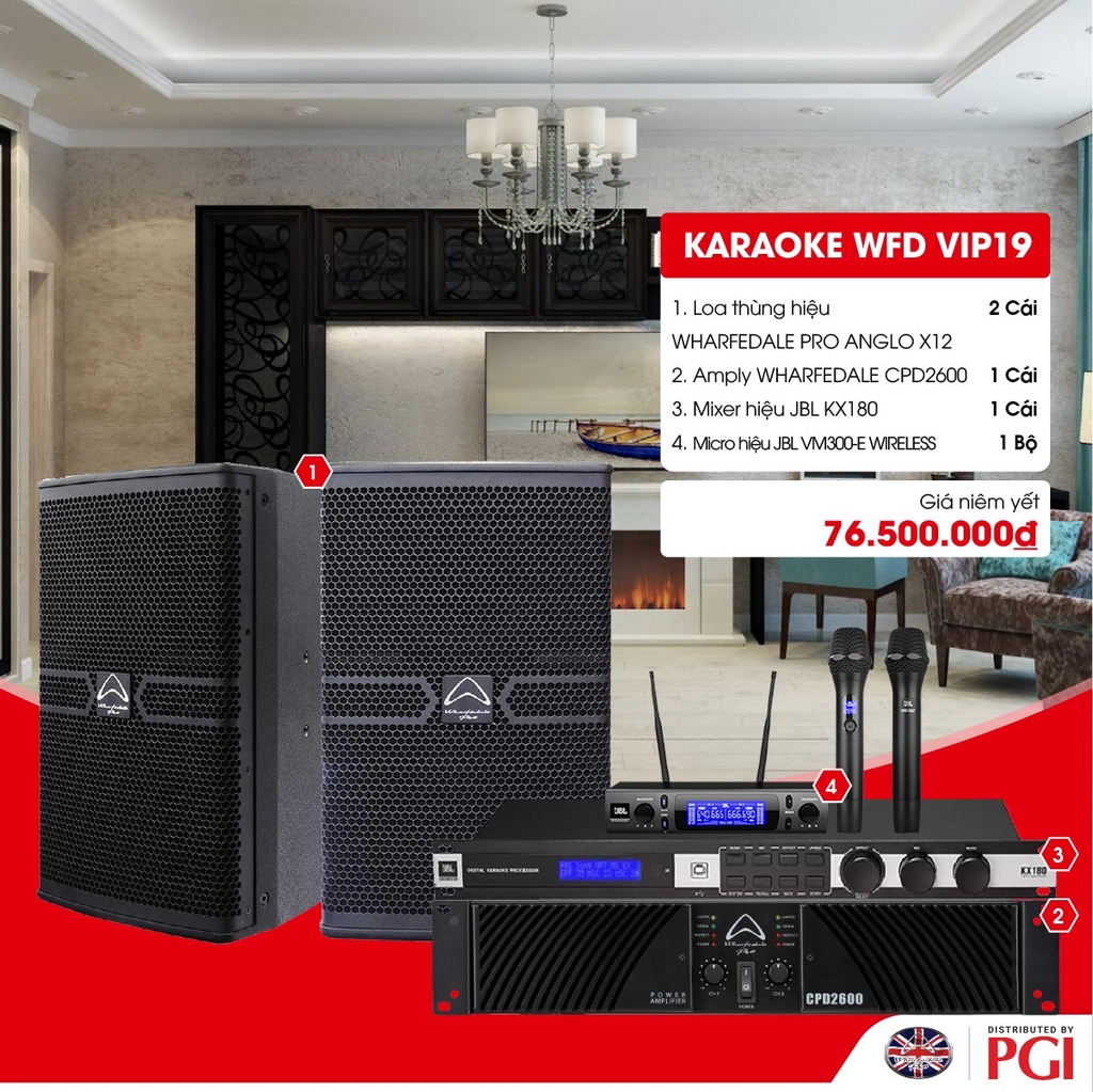KARA WFD VIP19 - Combo Karaoke (Loa Wharfedale Pro Anglo X12 + WFD CPD2600 + JBL KX180 + JBL VM300) - Hàng Chính hãng PGI