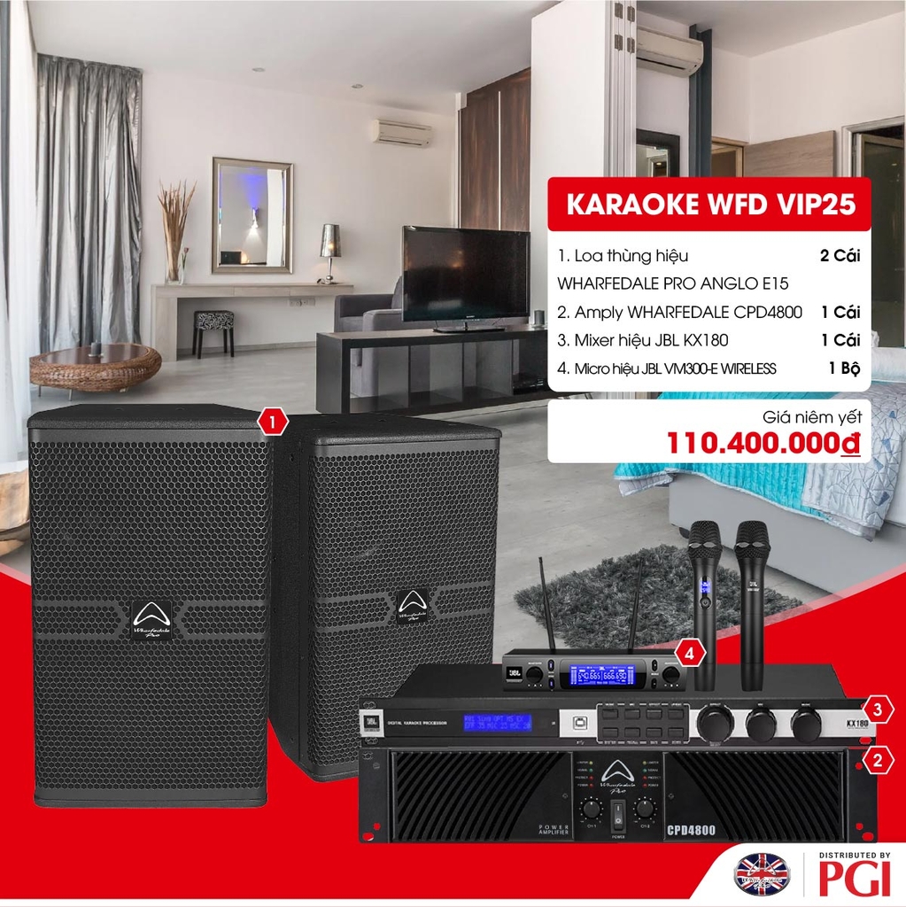 KARA WFD VIP25 - Combo Karaoke (Loa Wharfedale Pro Anglo E15 + WFD CPD4800 + JBL KX180 + JBL VM300) - Hàng Chính hãng PGI