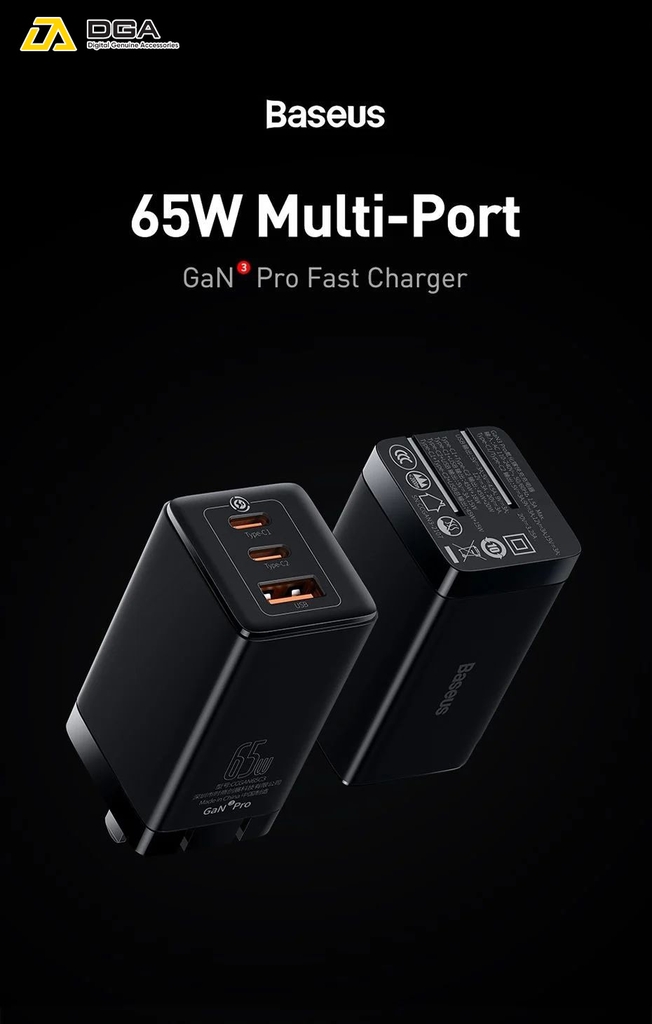 Cóc Sạc Nhanh Baseus GaN3 Pro Quick Charger 65W (Type Cx2 + USB , PD3.0/ PPS/ QC4.0/ SCP/ FCP Multi Quick Charge Protocol, New Upgrade Technology)