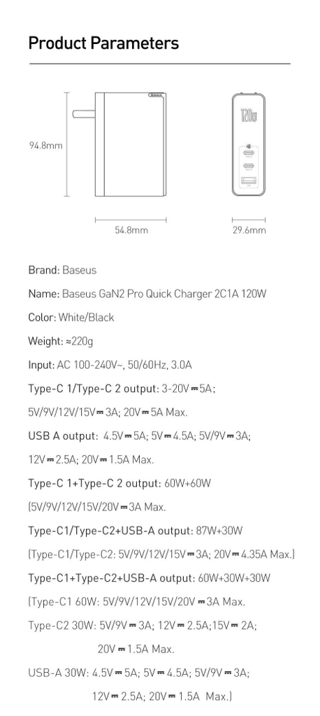 Cóc sạc nhanh đa năng Baseus GaN2 Pro Quick Charger 120W dùng cho Smartphone/ Tablet/ Macbook / Laptop (C+C+A, With C to C Cable, E-mark Chip 100W