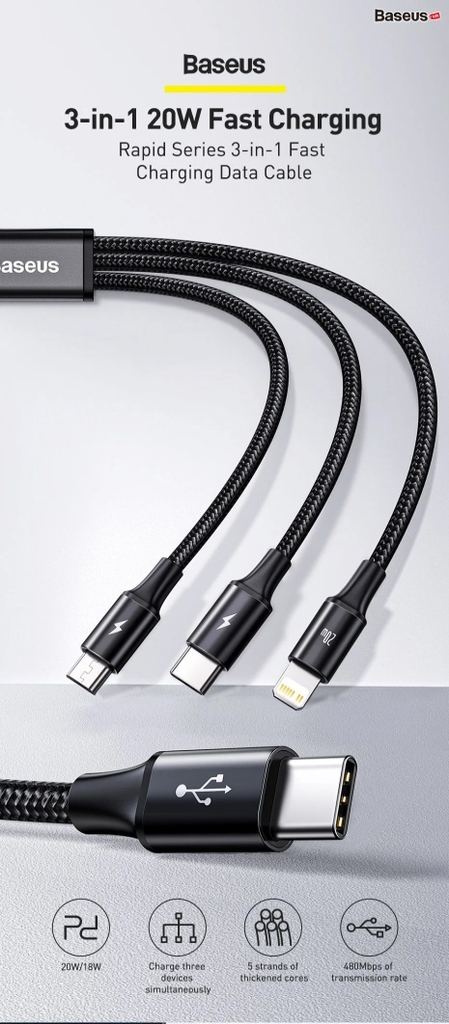 Cáp sạc 3 đầu Baseus Rapid Series 3 in 1 PD 20W (Type C to Type C / Lightning/ Micro USB, Fast Charging & Data Cable )