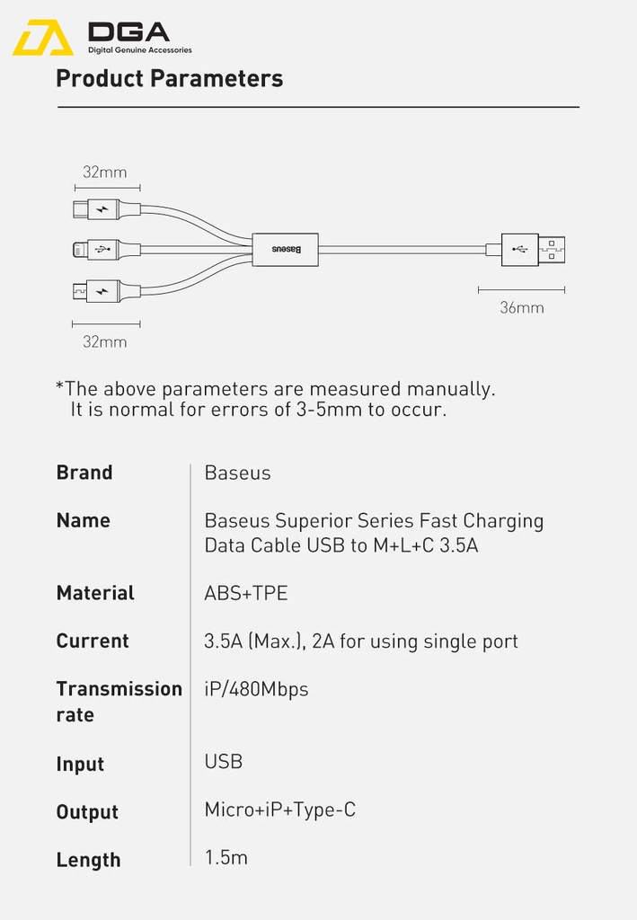 Cáp sạc 3 đầu Baseus Superior Series 3 in 1 (USB to Type C+ Lightning + Micro USB, 3.5A/ 1.5m, TPE Fast Charging Data Cable)