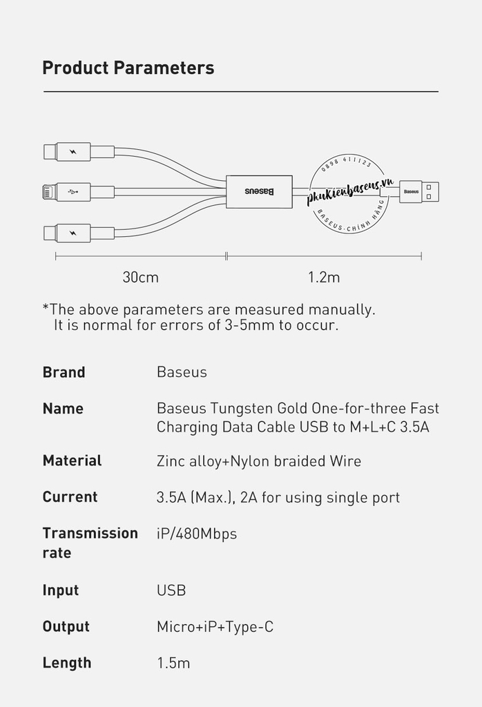 Cáp sạc nhanh 3 đầu siêu bền 3.5A Baseus Tungsten Gold Series (USB to Type C/ Lightning/ Micro USB)