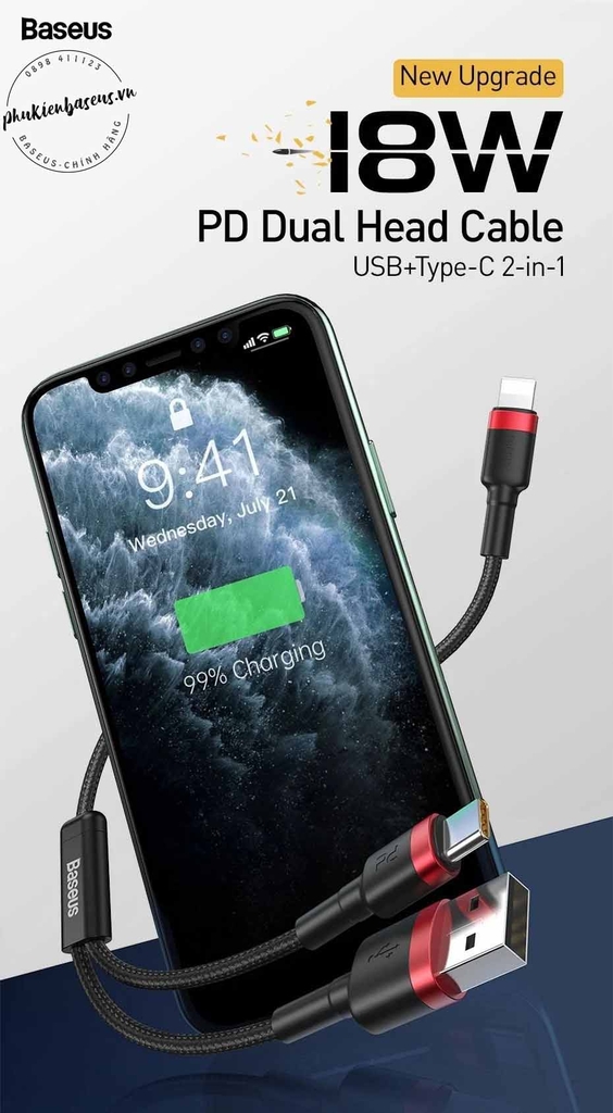 Cáp sạc nhanh 2 ngỏ vào cho iPhone Baseus Cafule USB + Type C to Lightning 2 in 1