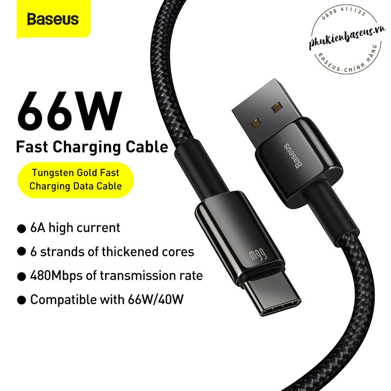 Cáp sạc nhanh Baseus Tungsten Gold Type C Fast Charging Data Cable (6A/ 66W/ 480Mbps, Fast Charge Cable)