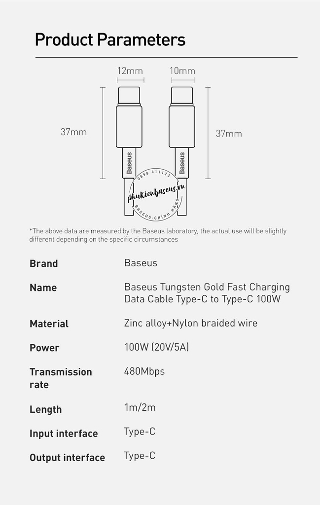 Cáp sạc nhanh C to C 100W Baseus Tungsten Gold Fast truyền dữ liệu