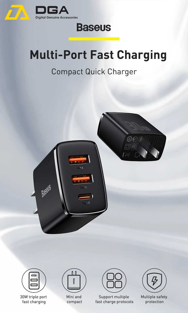 Cóc sạc nhanh siêu nhỏ gọn Baseus Compact Quick Charger 30W (USB dual port +Type C,30w PD/QC3.0 Multi Quick Charge Support)