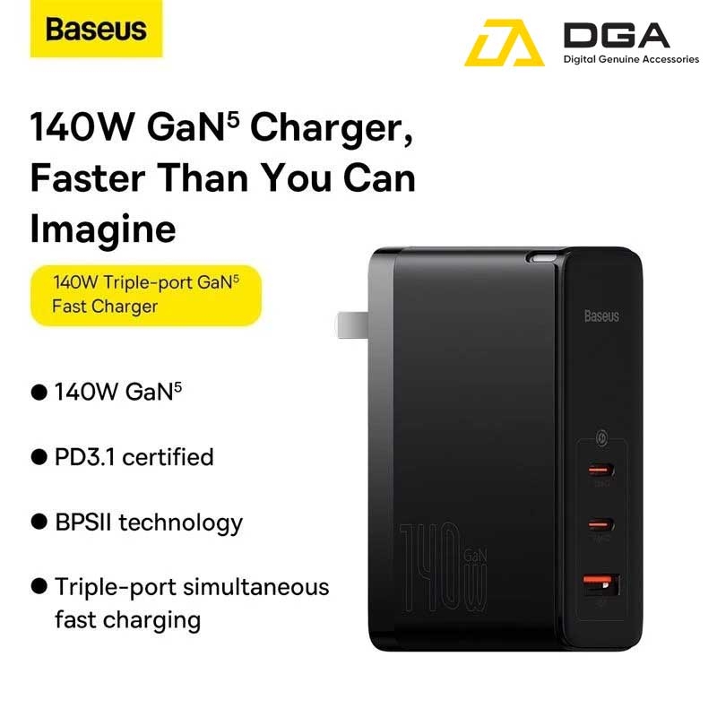 Cóc Sạc Nhanh Baseus GaN5 Pro Fast Charger 140W (kèm cáp C to C , Type C*2 + USB, PD/ QC4.0/ QC3.0/ AFC/ FCP Quick-Charger)