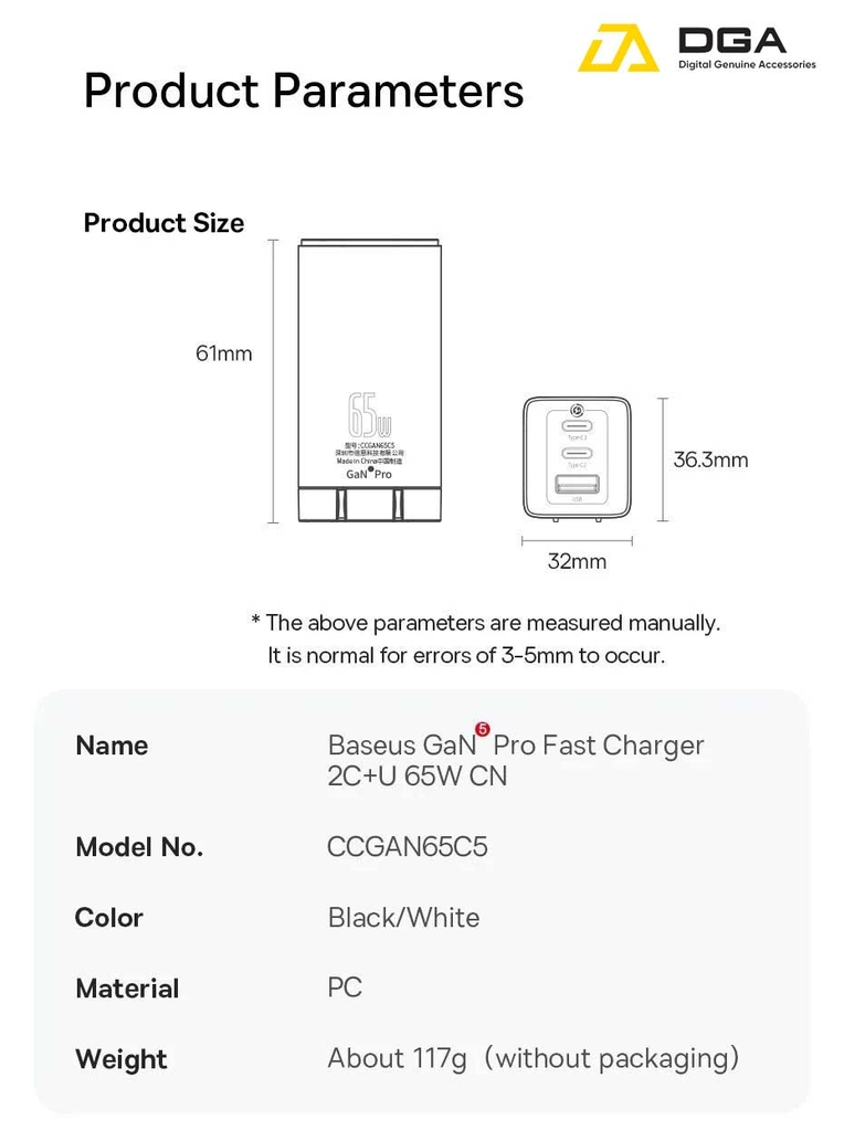 Cóc Sạc Nhanh Baseus GaN5 Pro Quick Charger 65W (Type Cx2 + USB , PD3.0/ PPS/ QC4.0/ SCP/ FCP Multi Quick Charge Protocol, New Upgrade Technology)