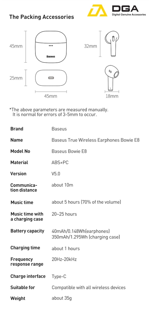 Tai nghe không dây Bluetooth True Wireless Baseus Bowie Series E8 TWS
