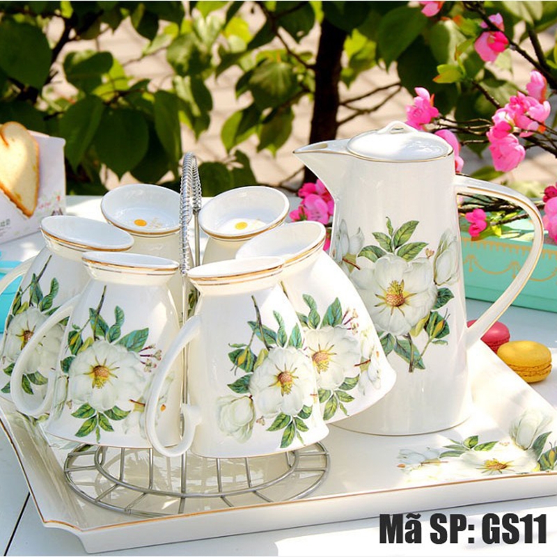 Bộ bình ly dùng trà, cafe họa tiết hoa GS11