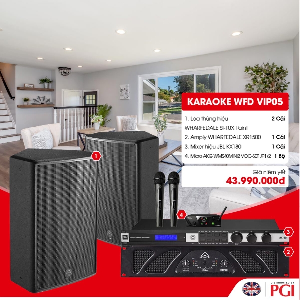 KARA WFD VIP05 - Combo Karaoke (Loa Wharfedale Pro SI-10X + WFD XR1500 + JBL KX180 + Mic AKG MINI2VOC) - Hàng Chính hãng PGI