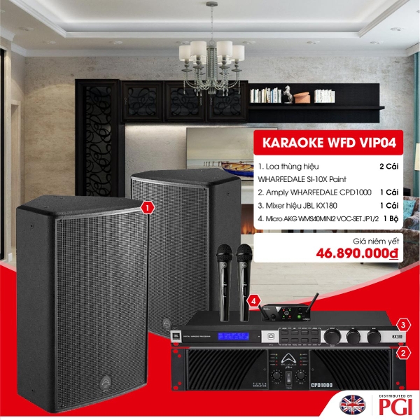 KARA WFD VIP04 - Combo Karaoke (Loa Wharfedale Pro SI-10X + WFD CPD1000 + JBL KX180 + Mic AKG MINI2VOC) - Hàng Chính hãng PGI