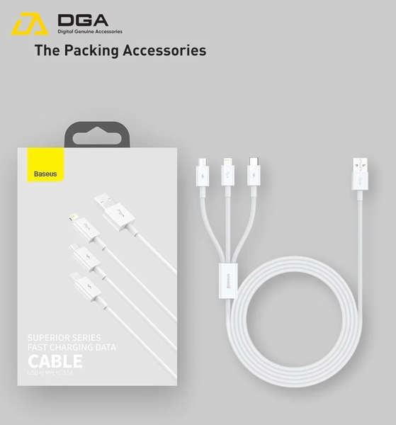 Cáp sạc 3 đầu Baseus Superior Series 3 in 1 (USB to Type C+ Lightning + Micro USB, 3.5A/ 1.5m, TPE Fast Charging Data Cable)