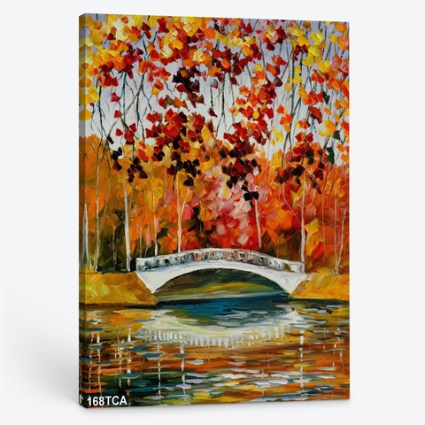 Tranh cây lá mùa thu bên chiếc cầu và hồ nước 168TCA