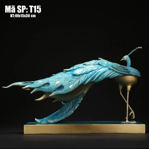 Decor tượng chim công xanh thuần đồng T15