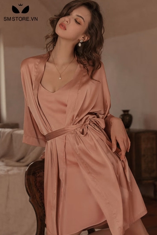 SMS071 - Đầm ngủ có áo choàng thiết kế 2 dây hở lưng sexy quyến rũ