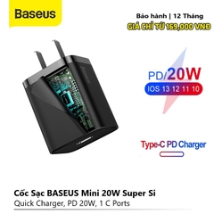 Cóc sạc nhanh, nhỏ gọn Baseus Super Si Quick Charger 20W (Type C, 20W/18W, PD/ QC3.0 Quick charger)