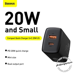 Cóc sạc nhanh siêu nhỏ gọn Baseus Compact Quick Charger 20W (USB + Type C Dual Port, 20W PD/QC 3.0 Multi Quick Charge Support)