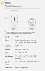 Tẩu Sạc Ô Tô 60W Baseus Golden Contactor Max Dual Fast Charger Car Charger