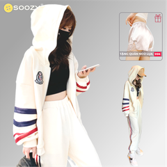 Bộ đồ thể thao nữ kiểu Hàn, Nhật, có mũ trùm đầu, áo khoác thun cotton, sọc xanh, đỏ, quần bo chun - BTT001