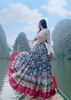 Đầm Maxi Set Chân Váy Hoa Xanh Áo Ren Tay Loe Trắng DM741