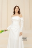 Váy cưới phi nhật tay dài trễ vai bản to nhún eo trắng VC880